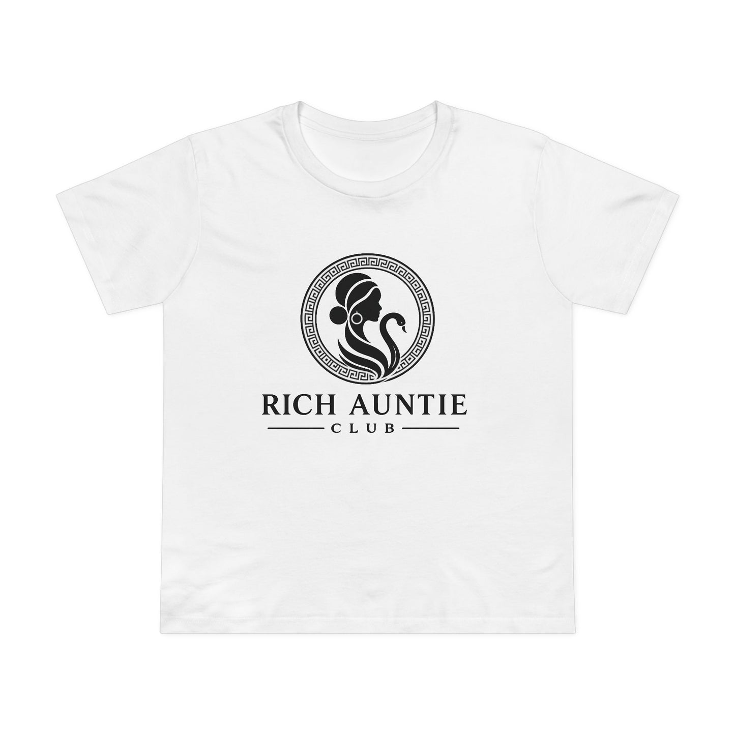 Ornate Emblem Rich Auntie Club white graphic tee front view