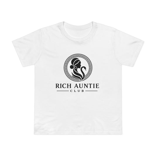 Ornate Emblem Rich Auntie Club white graphic tee front view