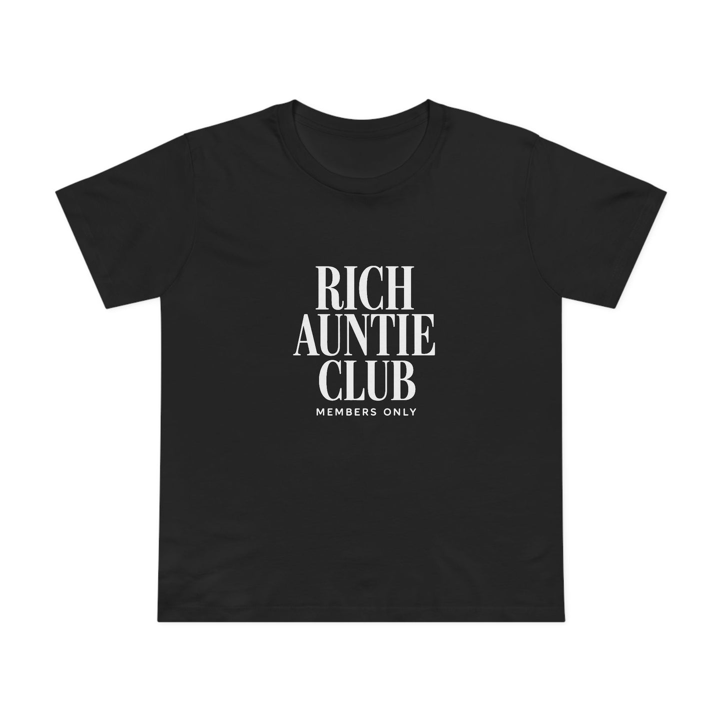 Editorial Rich Auntie Club black graphic tee front view