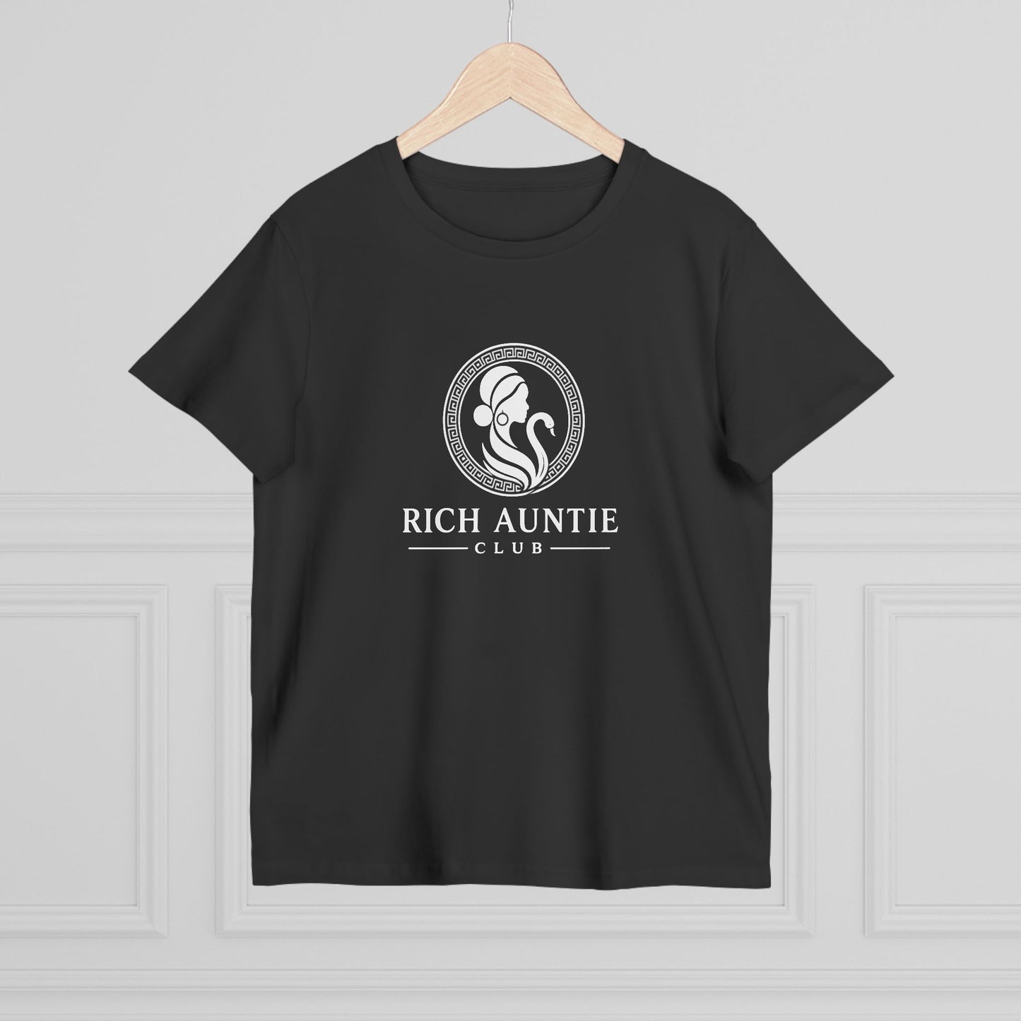 Ornate Emblem Rich Auntie Club black tee print detail