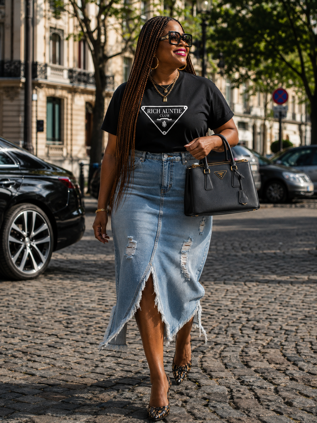 Woman wearing black PR✦DA inspired Rich Auntie Club tee with denim skirt