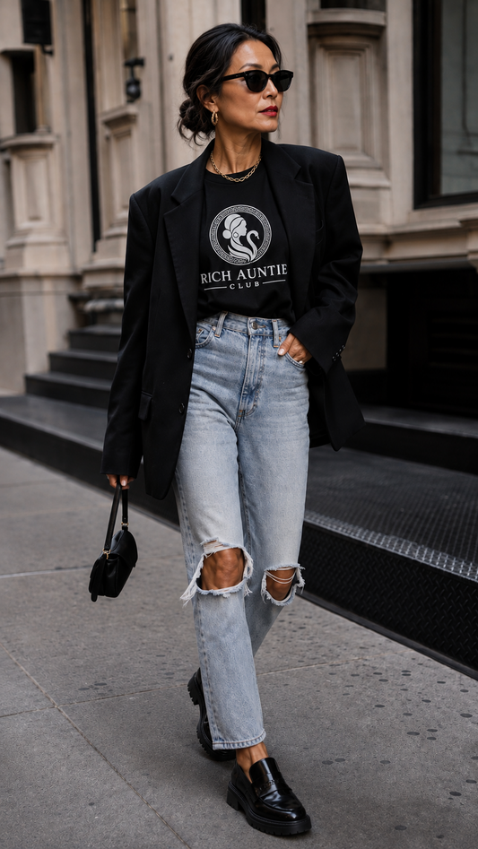 Woman wearing black VERS✦CE inspired Rich Auntie Club tee with black blazer and jeans